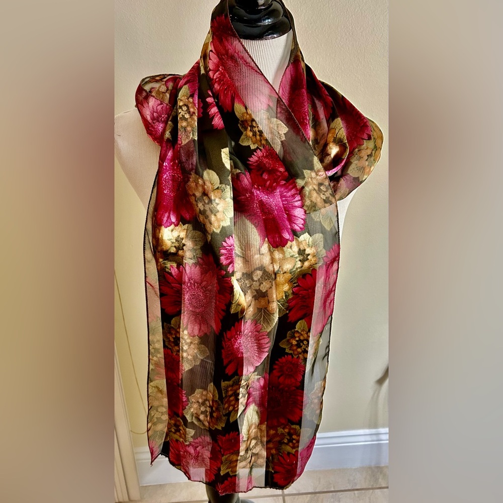 Floral Sheer Scarf Shawl Wrap Light Weight w/ Pink Brown Flowers 60x12 in Silky